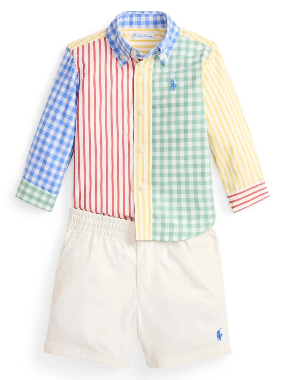 BNWT Ralph Lauren Patchwork Gingham / Striped Button-Down with Cream Shorts